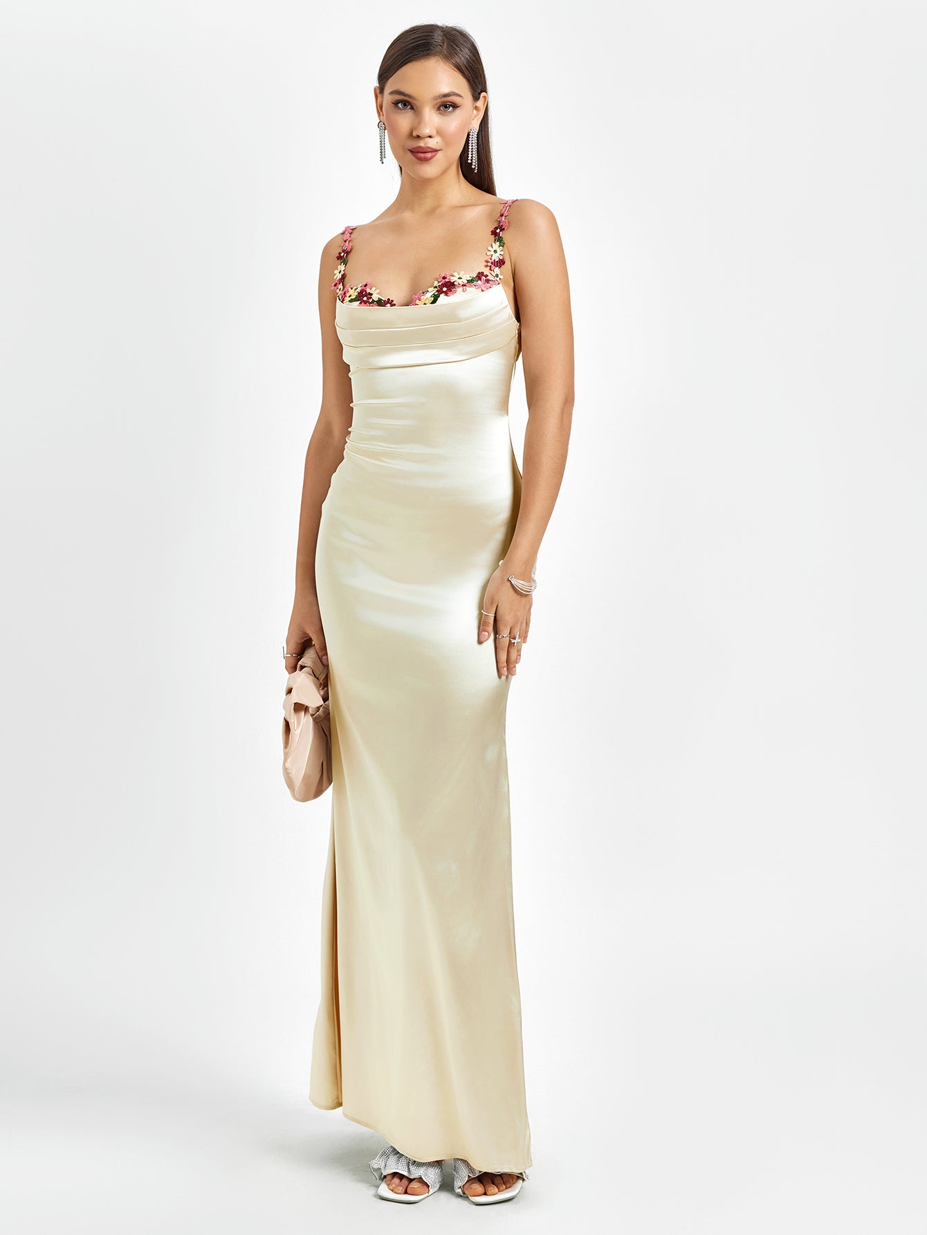 Solennea – Floral strap detail – Satin maxi dress-10174851514695-Ivory Ombre