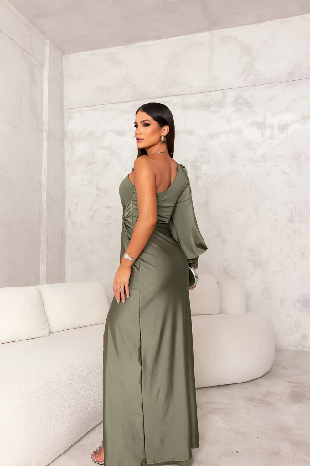 Solenzia – Draped sleeve – One-shoulder maxi dress-10174869799239-Ivory Ombre