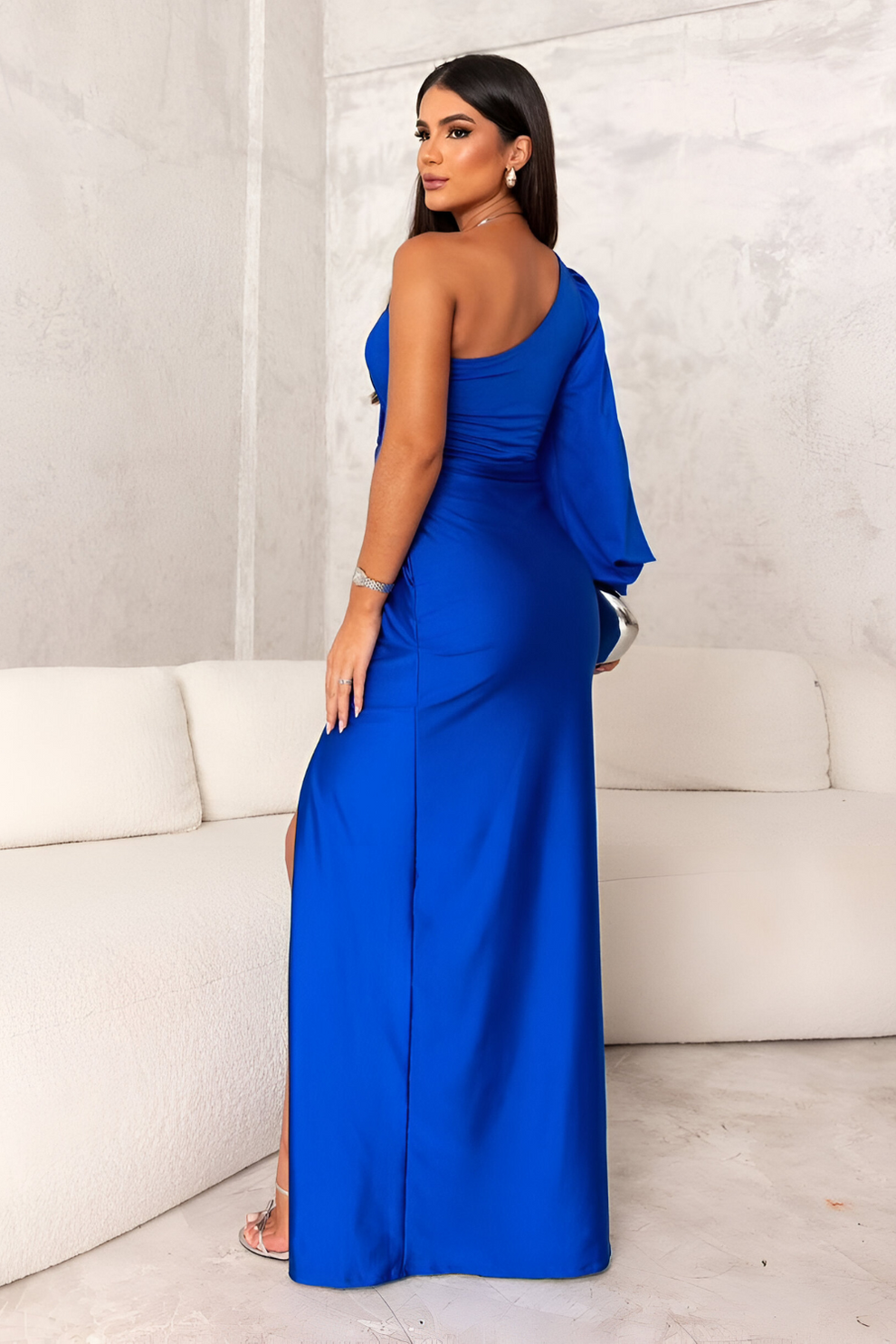 Solenzia – Draped sleeve – One-shoulder maxi dress-10174869799239-Ivory Ombre