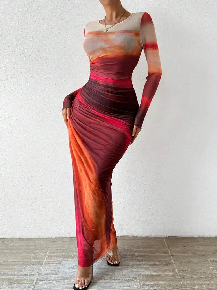 Solvarine – Sunset mesh – Long sleeve bodycon dress-10174858690887-Ivory Ombre