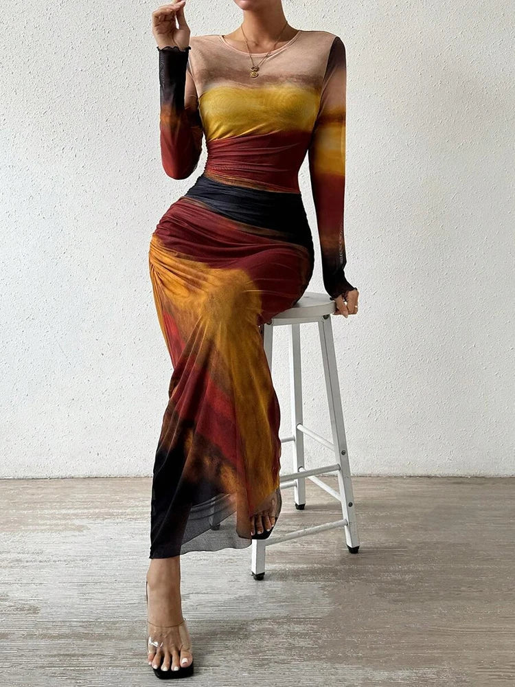 Solvarine – Sunset mesh – Long sleeve bodycon dress-10174858690887-Ivory Ombre