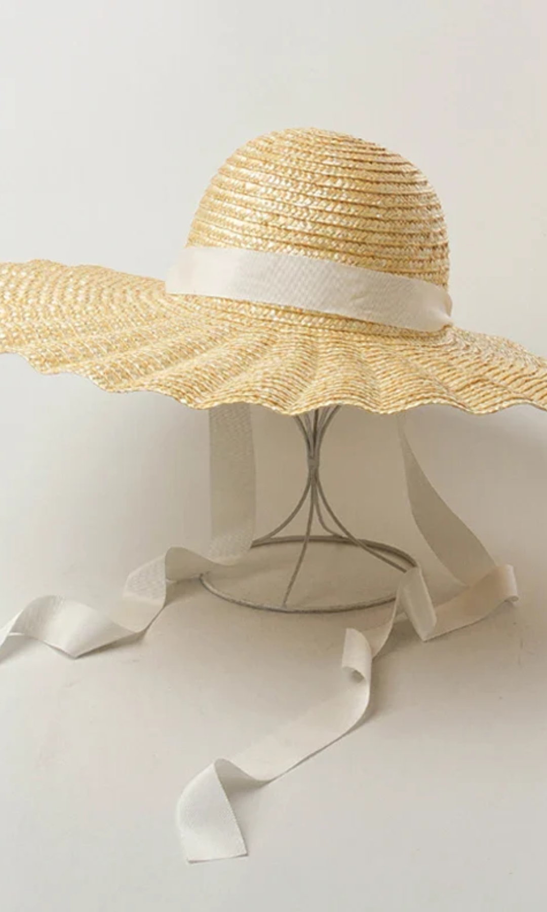 Solvienne – Scalloped ribbon tie – Straw hat-10174849319239-Ivory Ombre