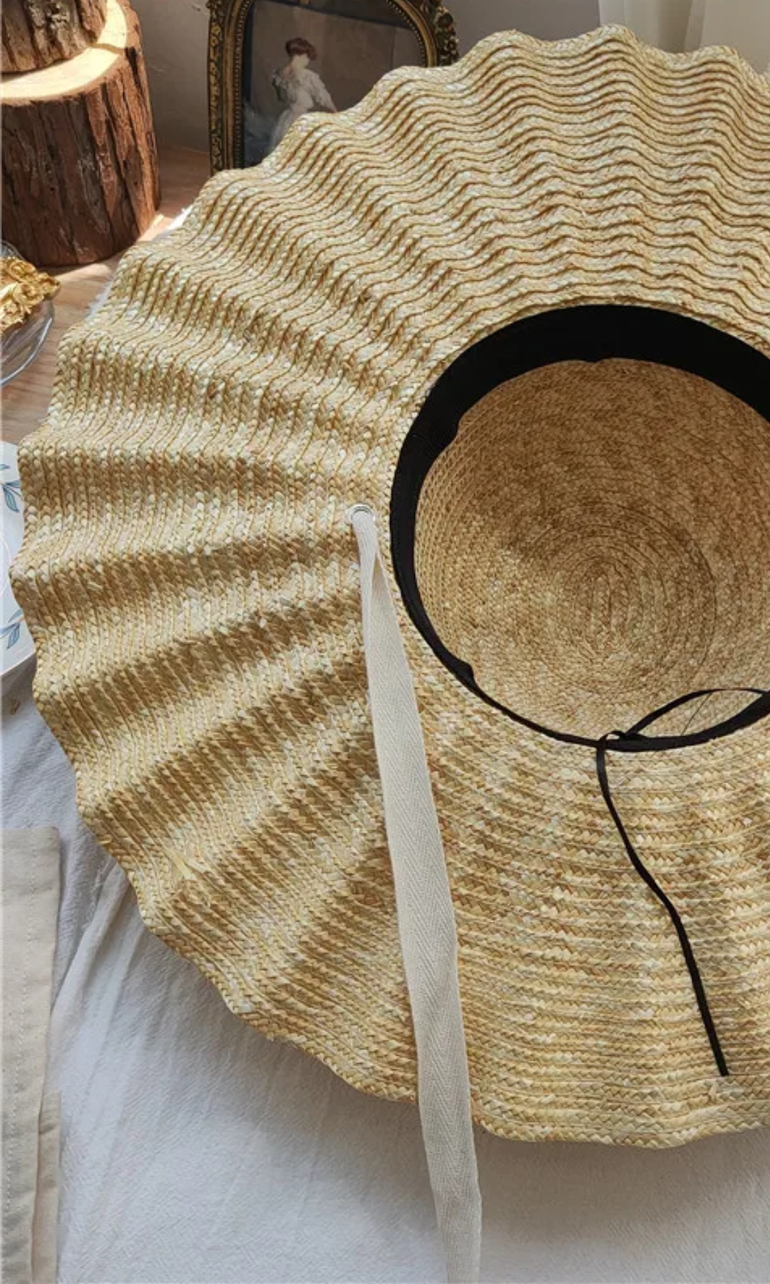 Solvienne – Scalloped ribbon tie – Straw hat-10174849319239-Ivory Ombre