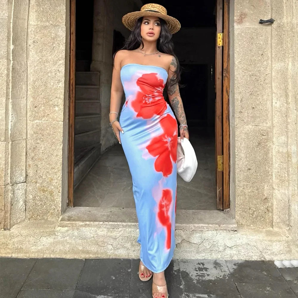 Sorvella – Painted bloom – Strapless maxi dress-10174854431047-Ivory Ombre