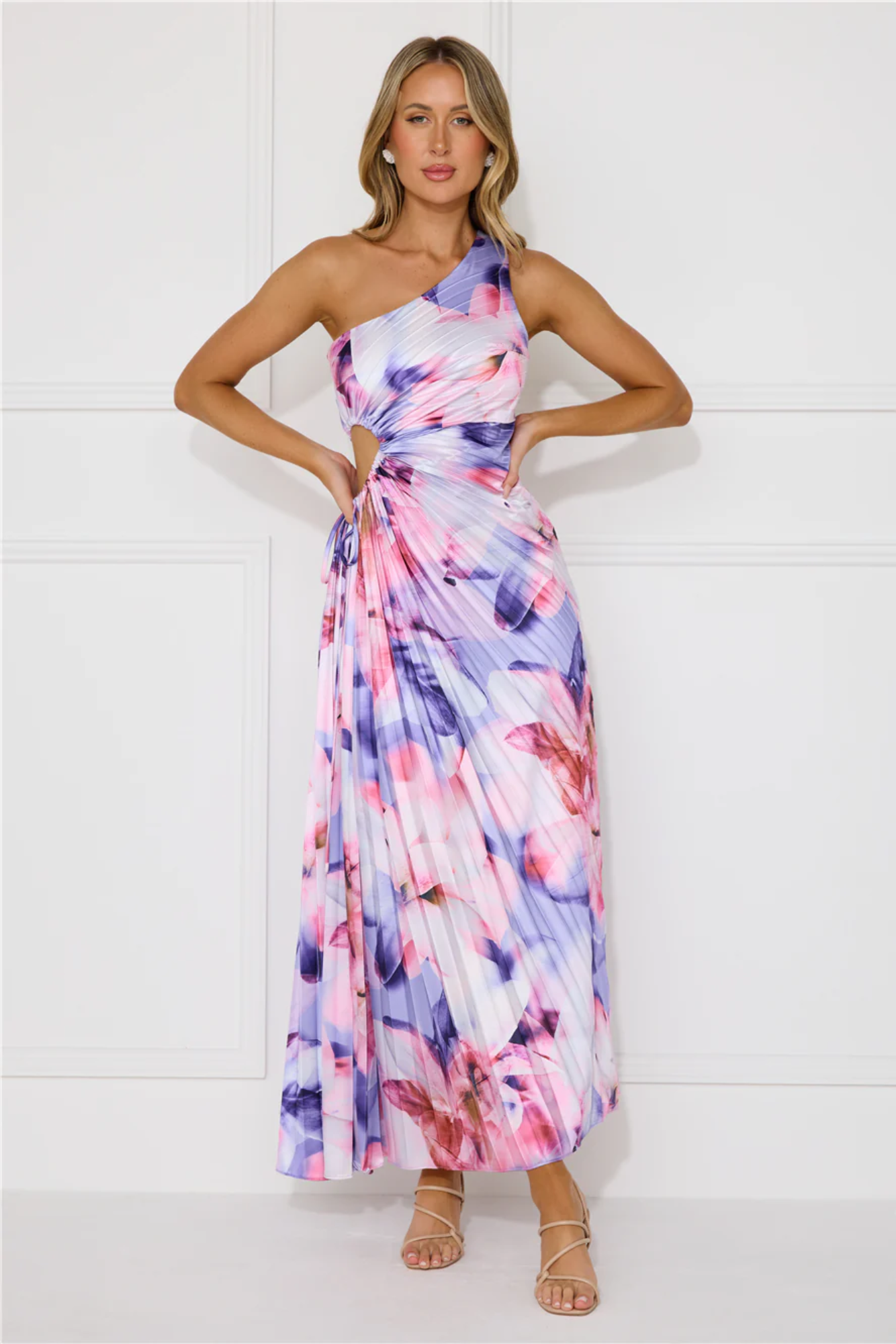 Stella - Pleated floral drape – One-shoulder maxi dress-10174853742919-Ivory Ombre