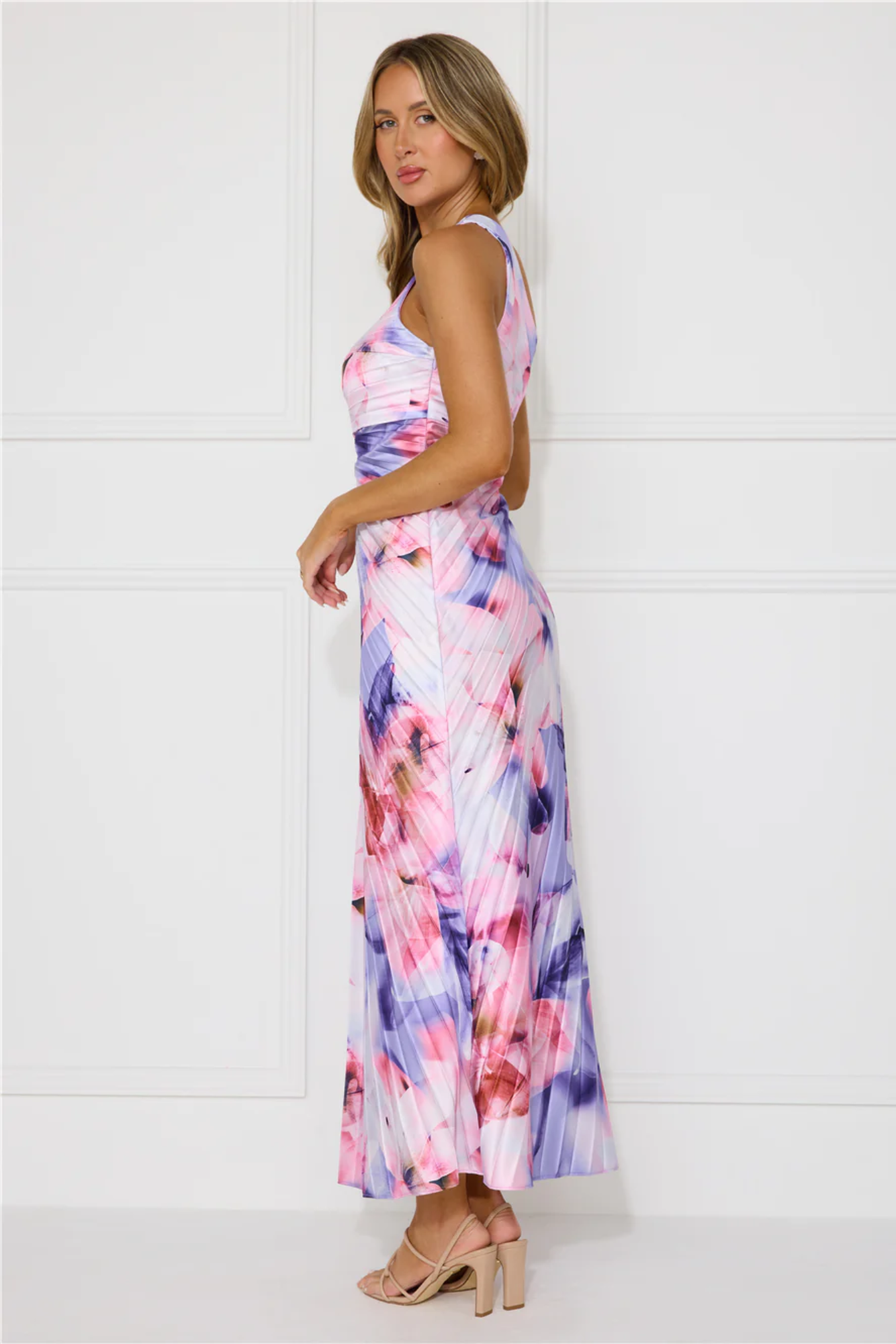 Stella - Pleated floral drape – One-shoulder maxi dress-10174853742919-Ivory Ombre