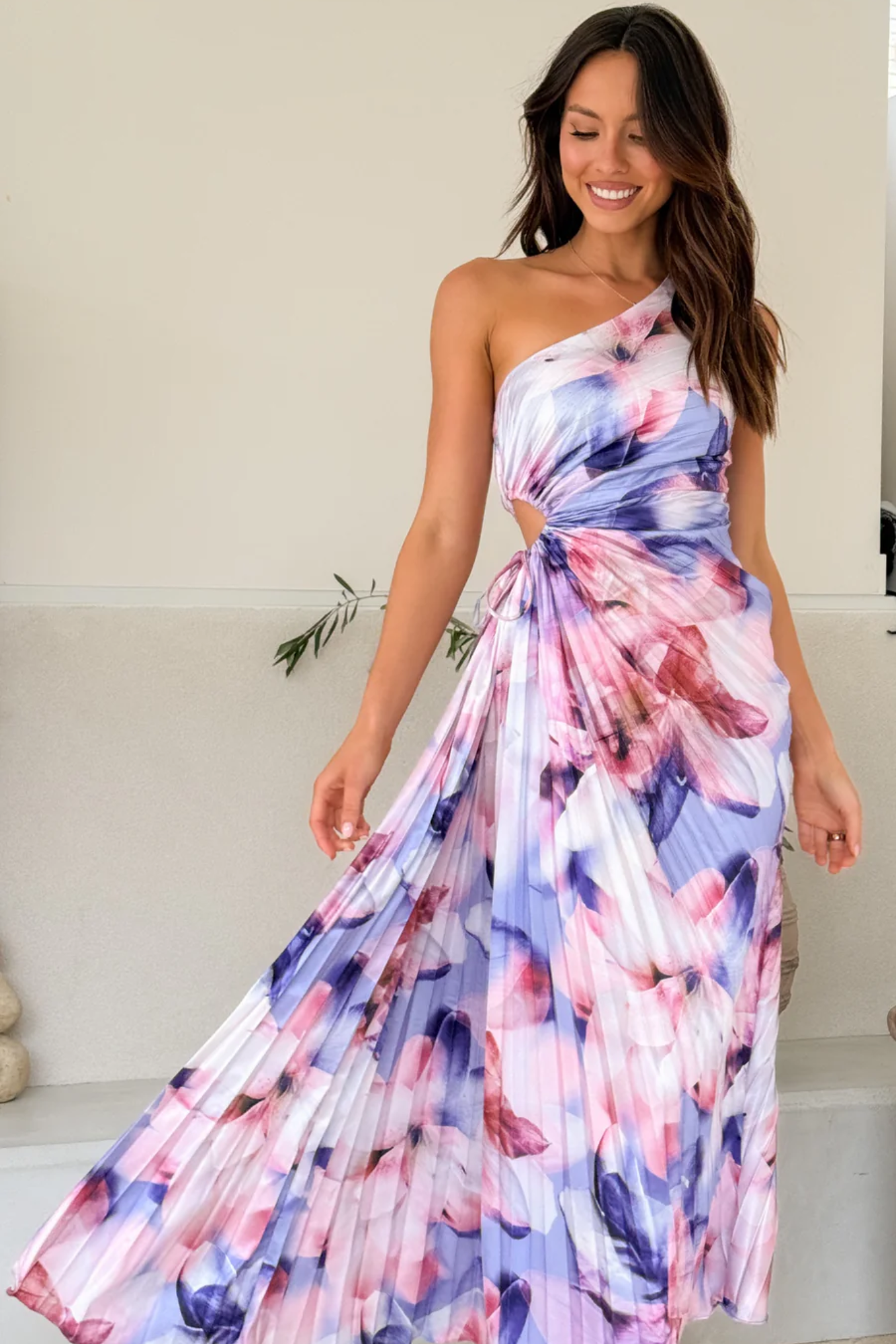 Stella - Pleated floral drape – One-shoulder maxi dress-10174853742919-Ivory Ombre