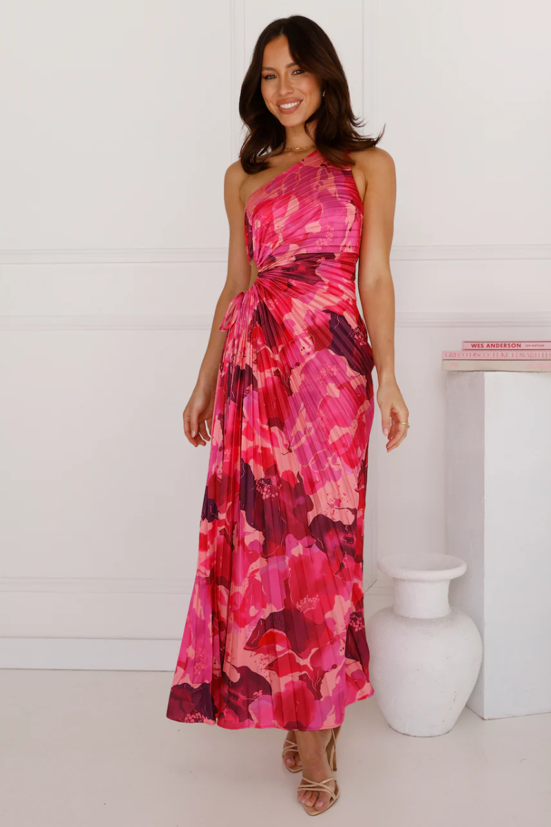 Stella - Pleated floral drape – One-shoulder maxi dress-10174853742919-Ivory Ombre