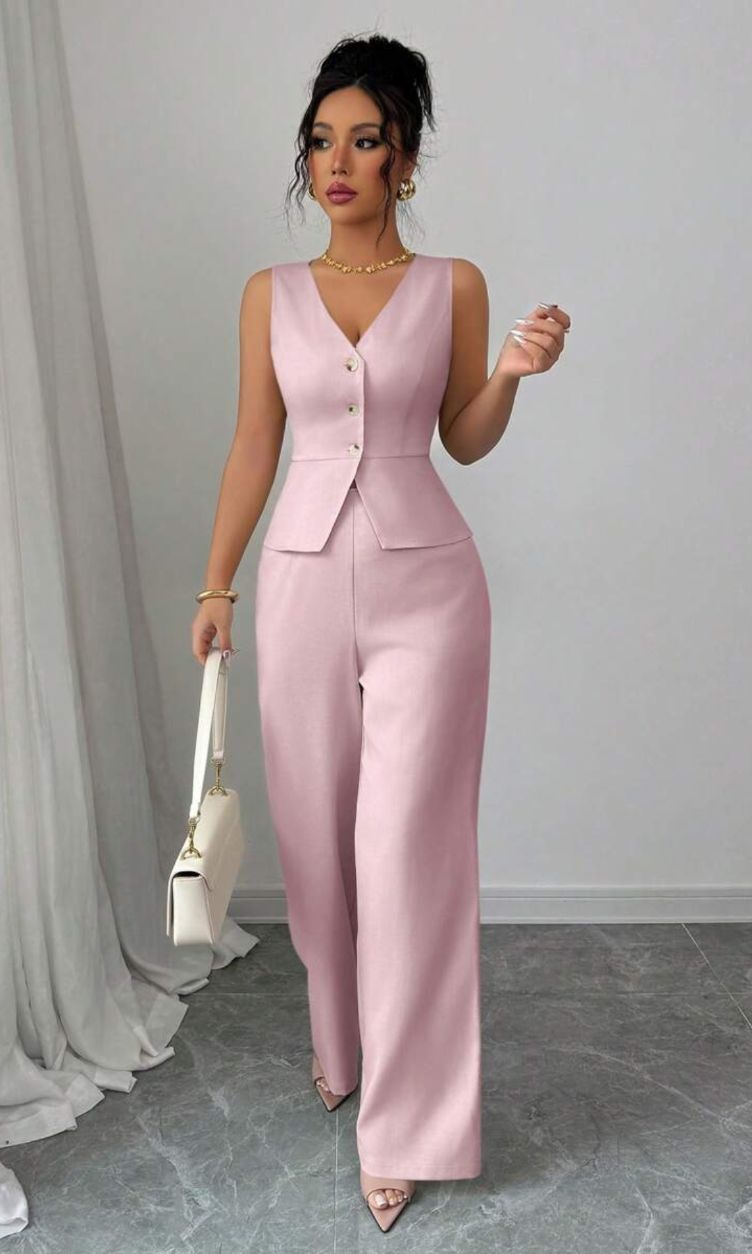 Valciane – Tailored elegance – Sleeveless suit set-10174848860487-Ivory Ombre