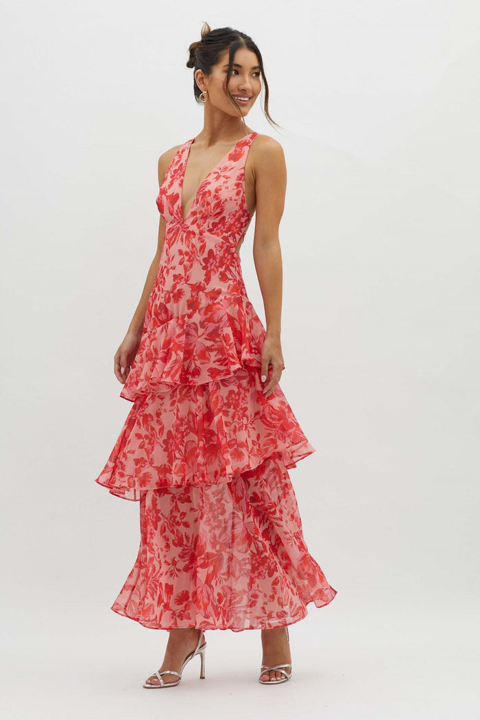 Virella – Tiered bloom – Floral chiffon maxi dress-10174862655815-Ivory Ombre
