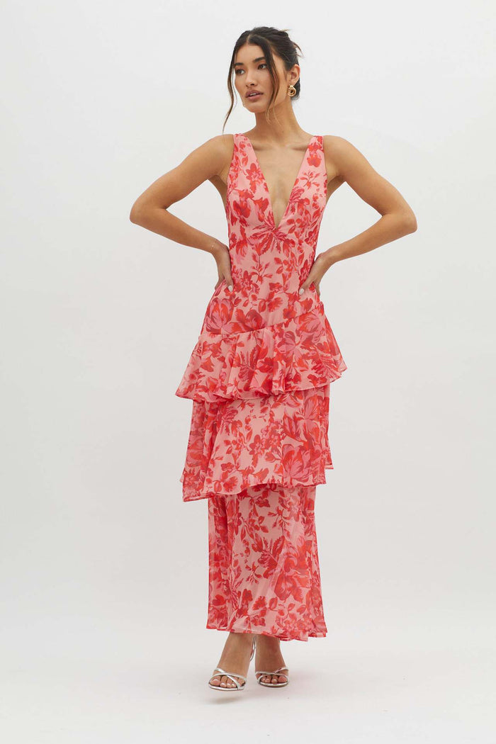 Virella – Tiered bloom – Floral chiffon maxi dress-10174862655815-Ivory Ombre