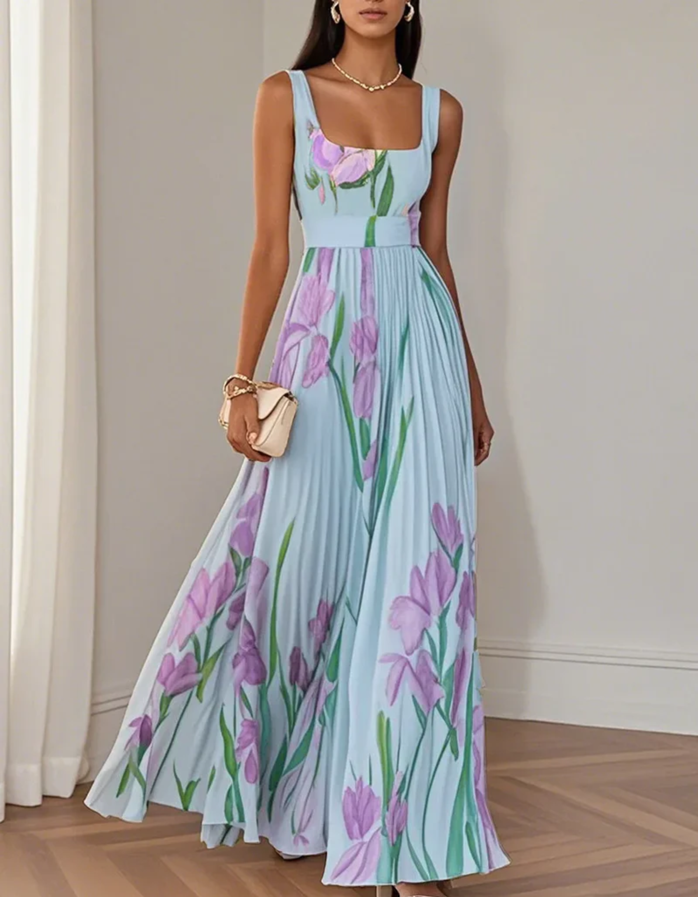 Vivienna – Watercolour floral – Pleated maxi dress-10192062447943-Ivory Ombre