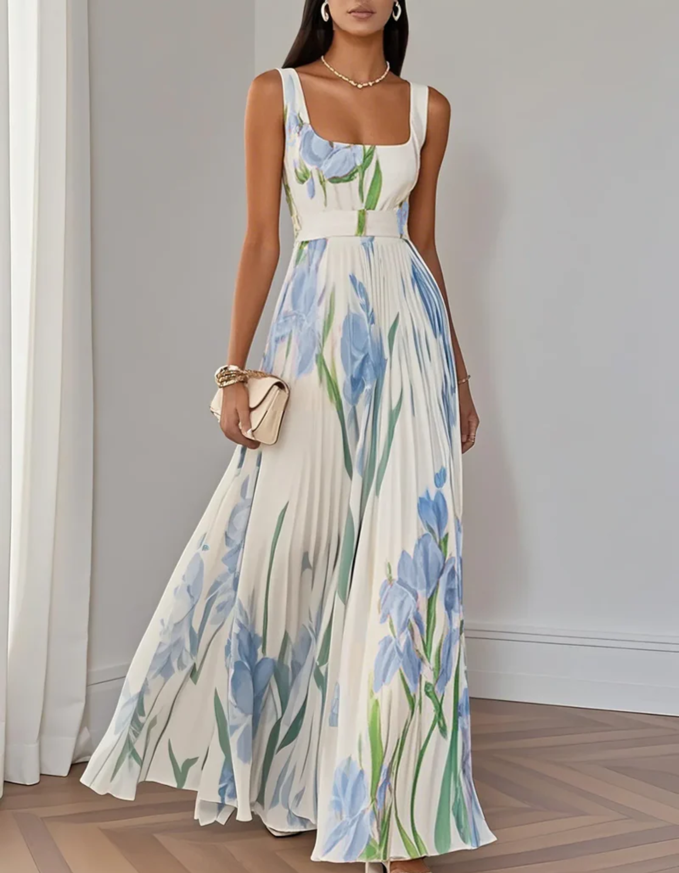 Vivienna – Watercolour floral – Pleated maxi dress-10192062447943-Ivory Ombre
