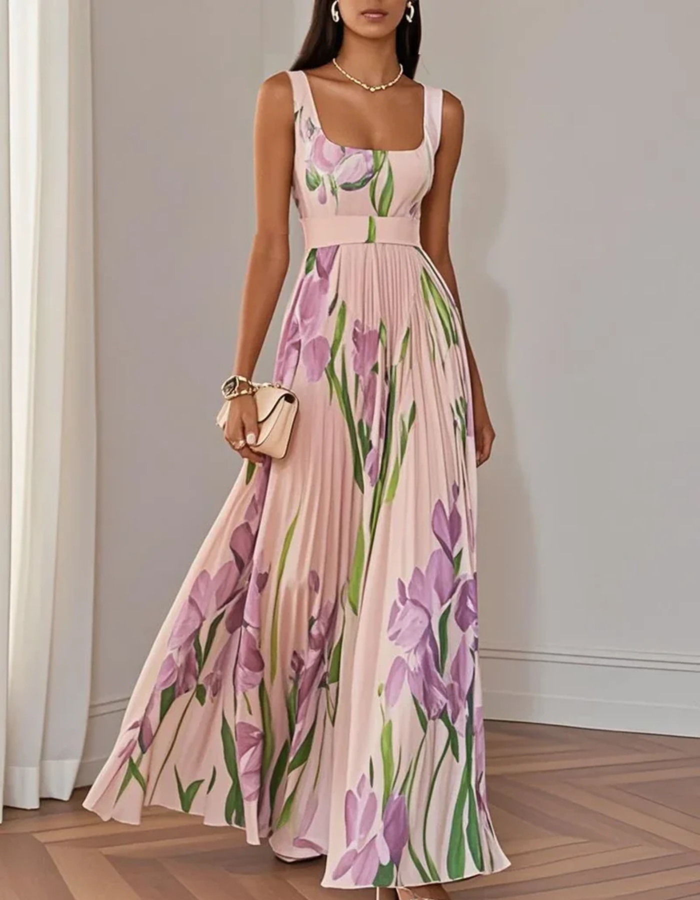 Vivienna – Watercolour floral – Pleated maxi dress-10192062447943-Ivory Ombre