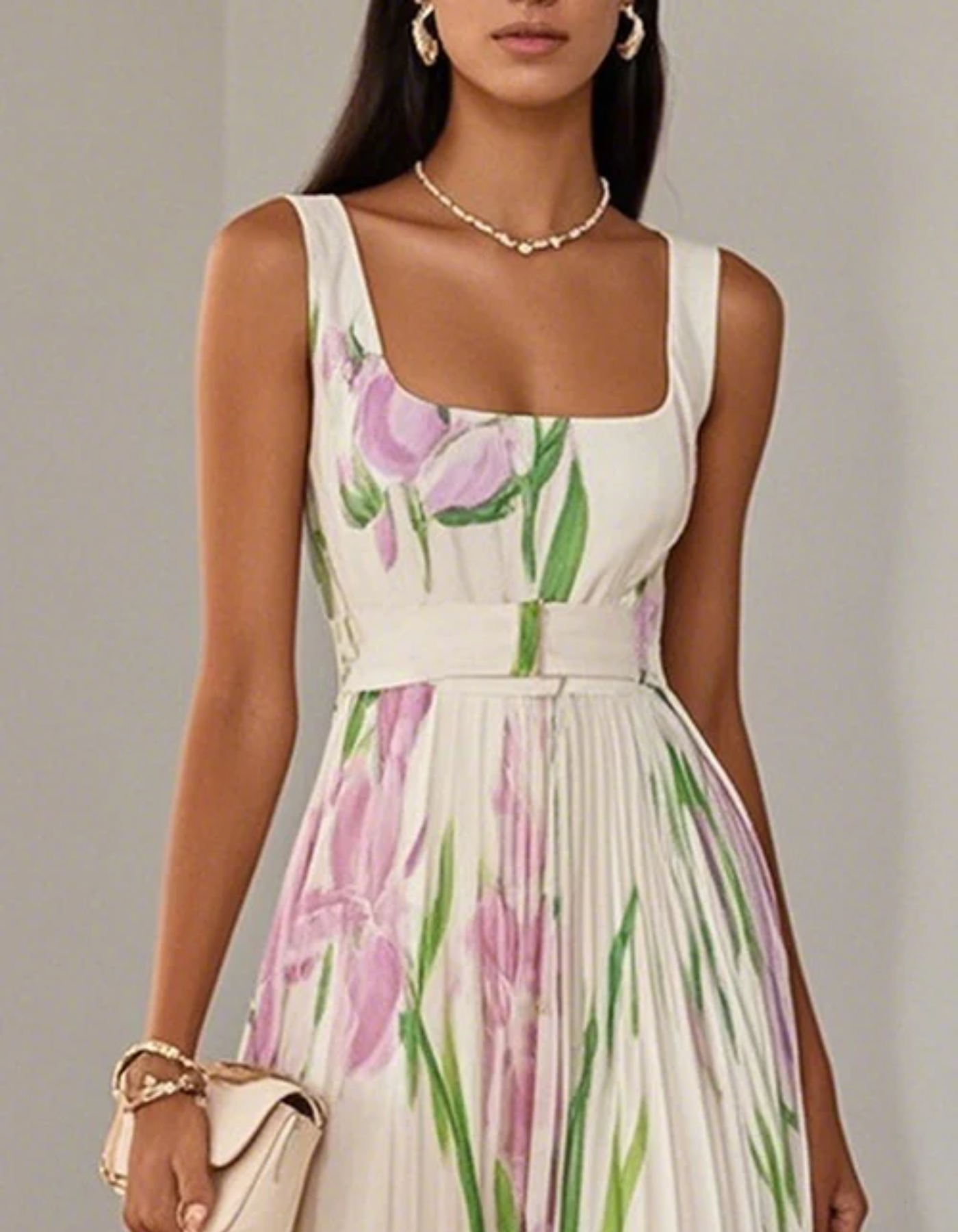 Vivienna – Watercolour floral – Pleated maxi dress-10192062447943-Ivory Ombre