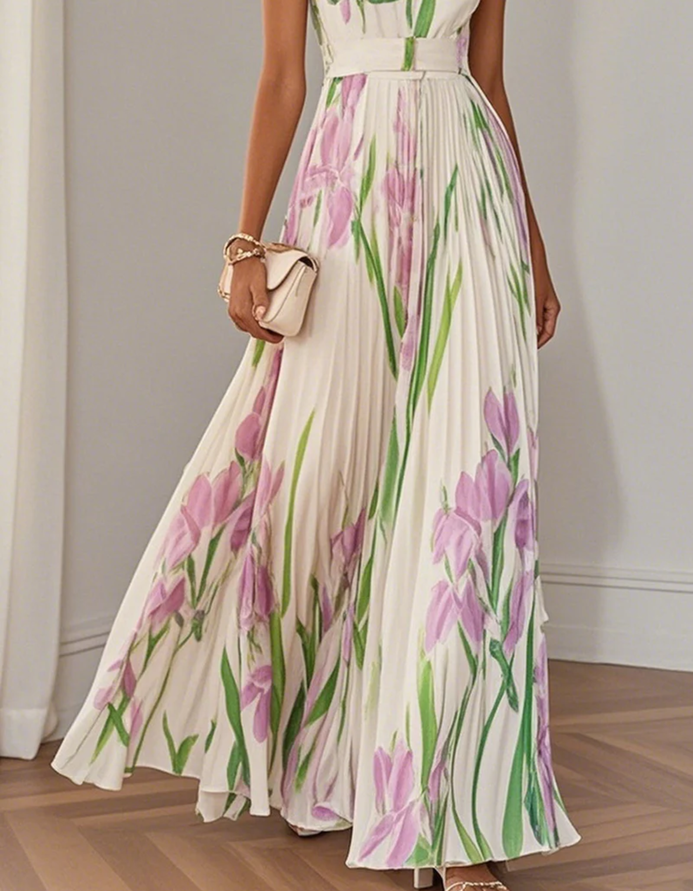 Vivienna – Watercolour floral – Pleated maxi dress-10192062447943-Ivory Ombre