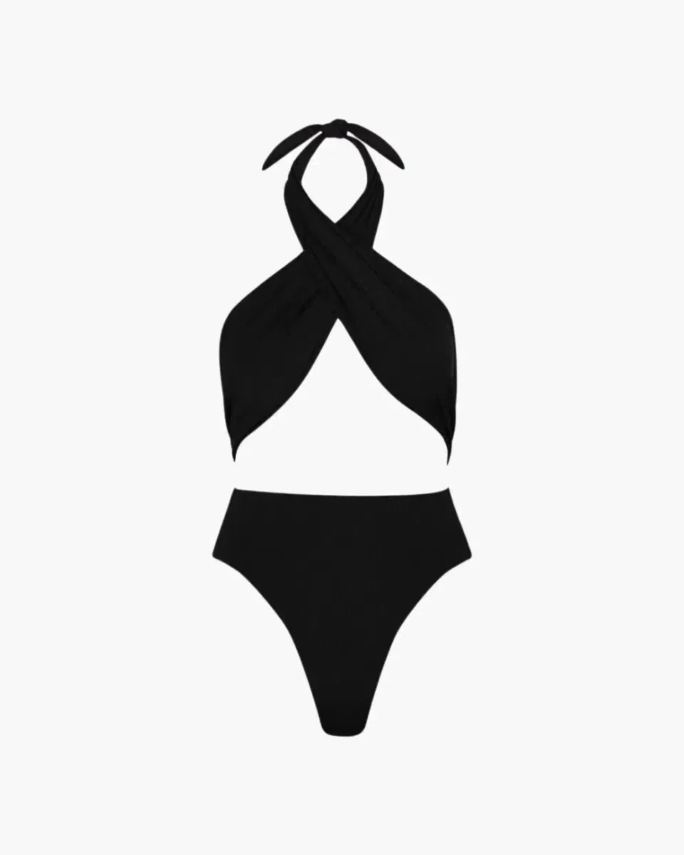 Xylia – Cross-over front – Black one-piece bodysuit-10174703075655-Ivory Ombre